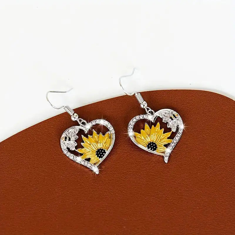 Chic Sunflower Bee Heart Earrings