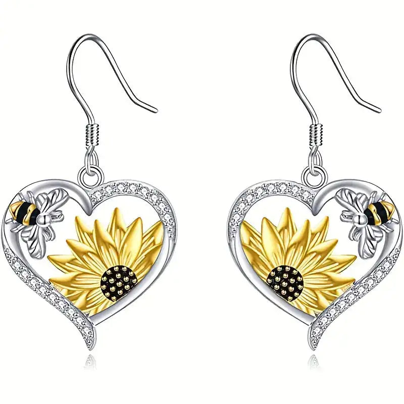 Chic Sunflower Bee Heart Earrings