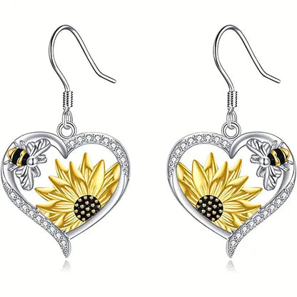 Chic Sunflower Bee Heart Earrings