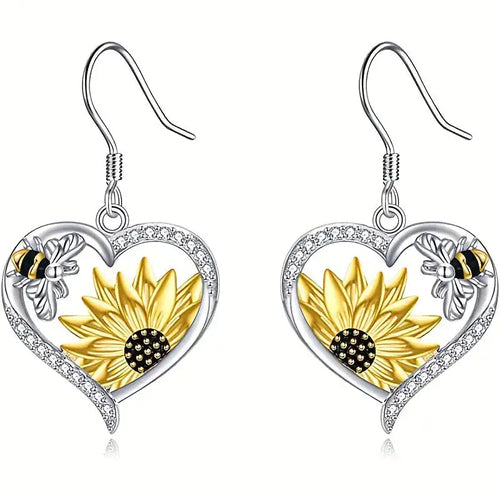 Chic Sunflower Bee Heart Earrings