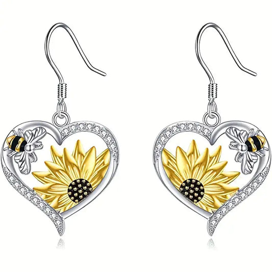 Chic Sunflower Bee Heart Earrings